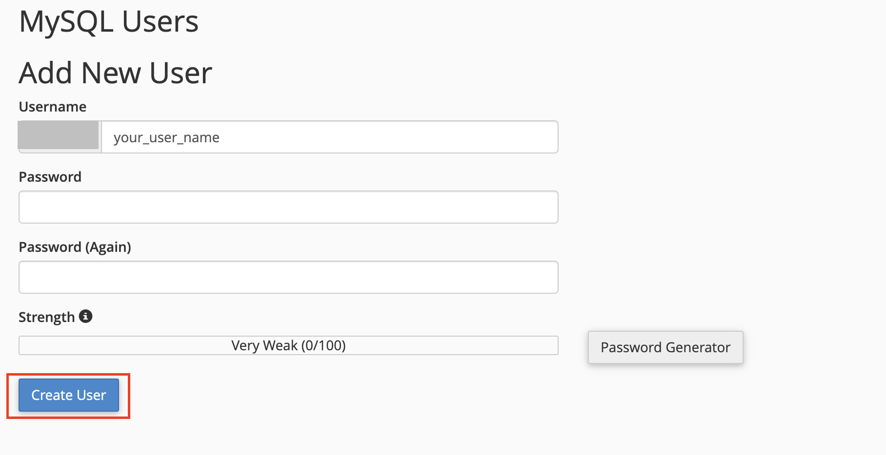 Create MySQL user in cPanel