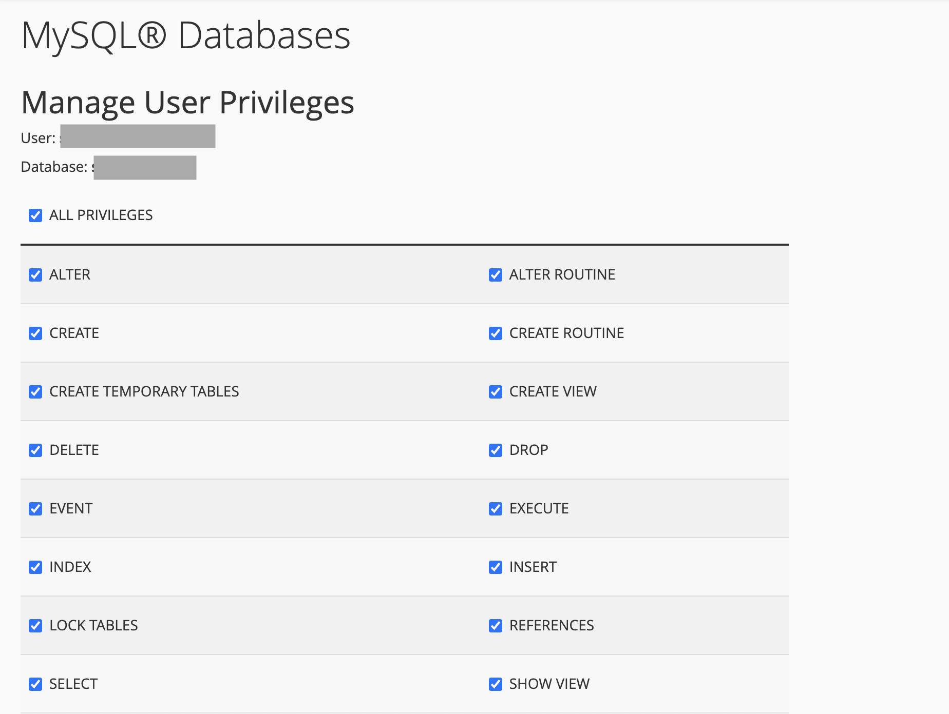 MySQL user privileges in cPanel