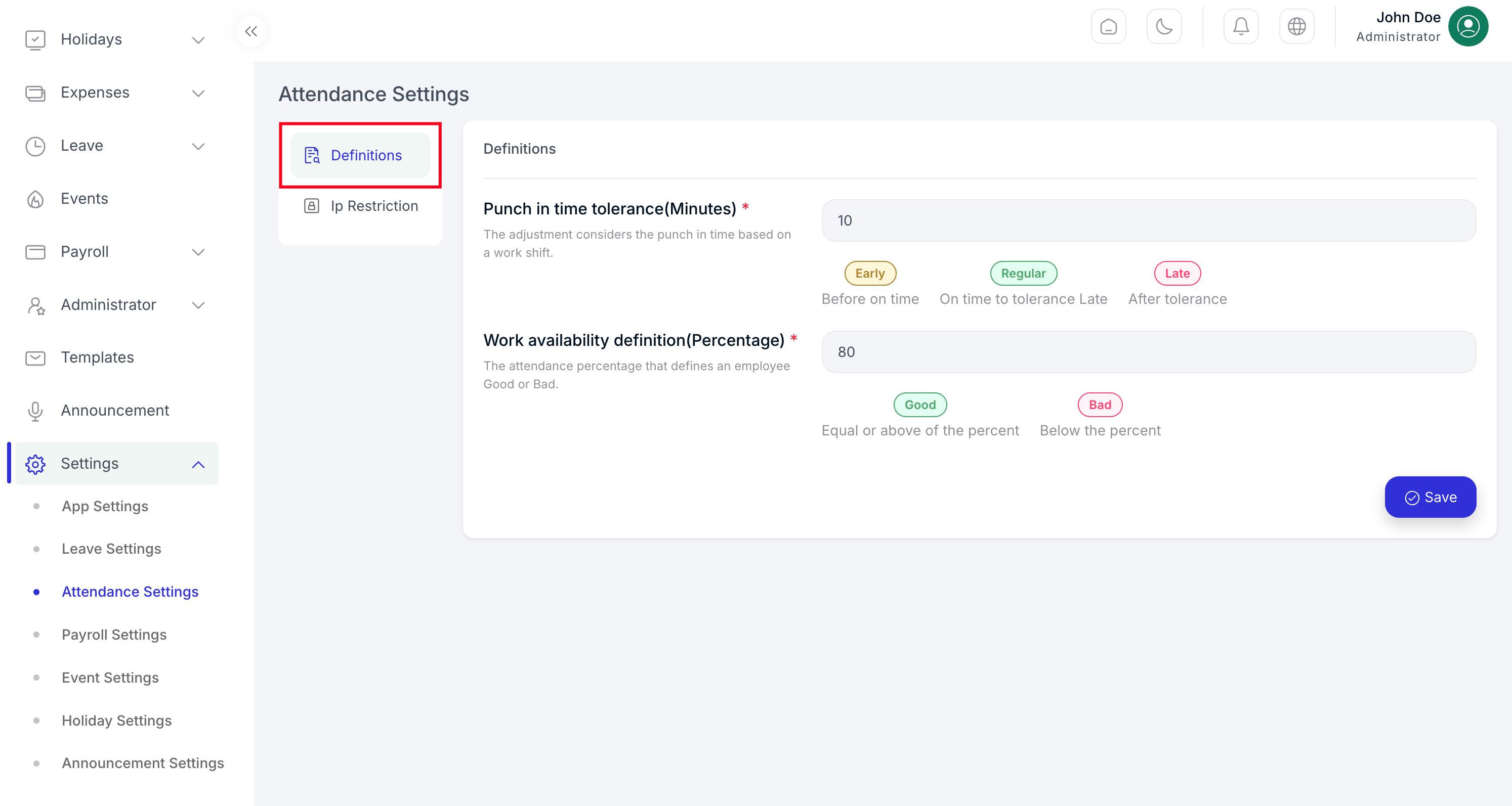 Attendance definition settings