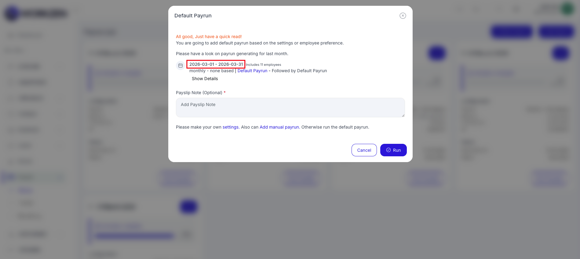 Create default payrun