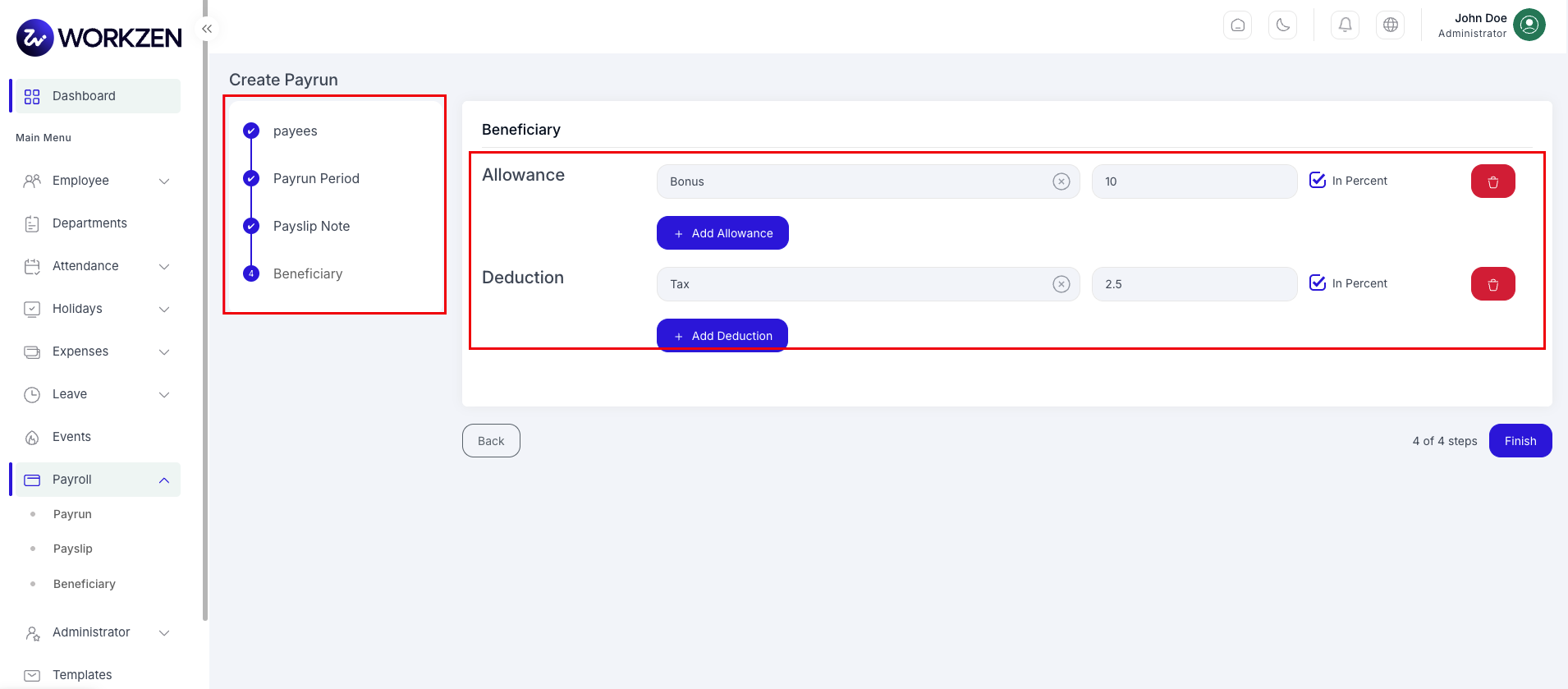 Create payrun — beneficiaries