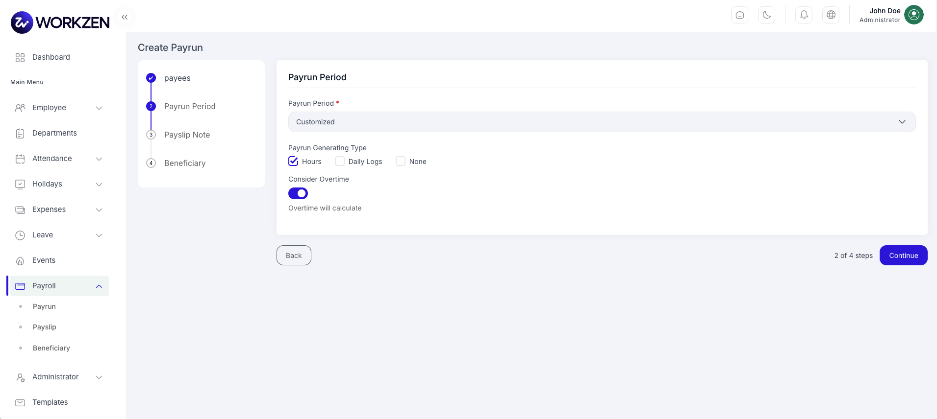 Create payrun — select period