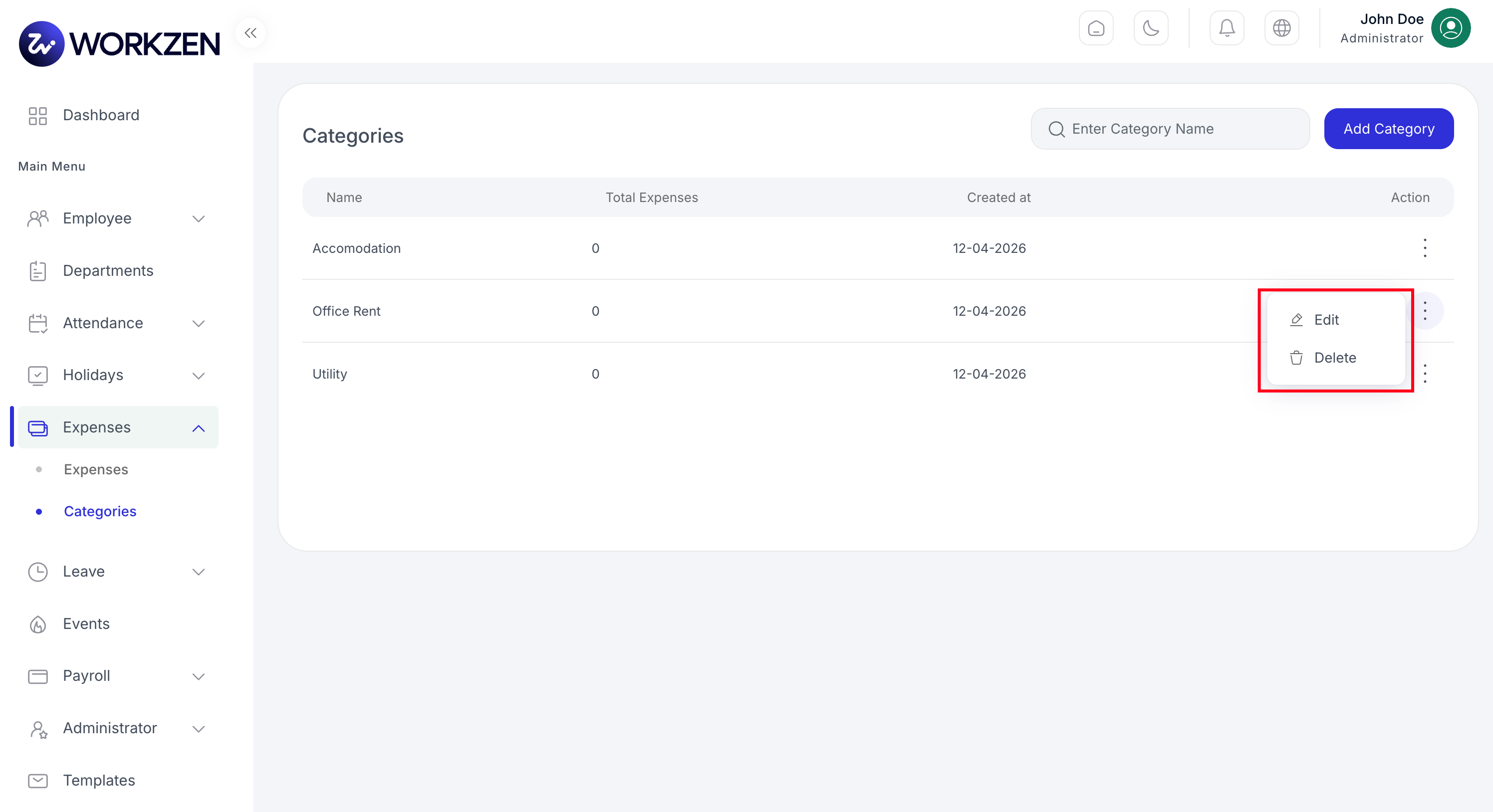 Expense category list