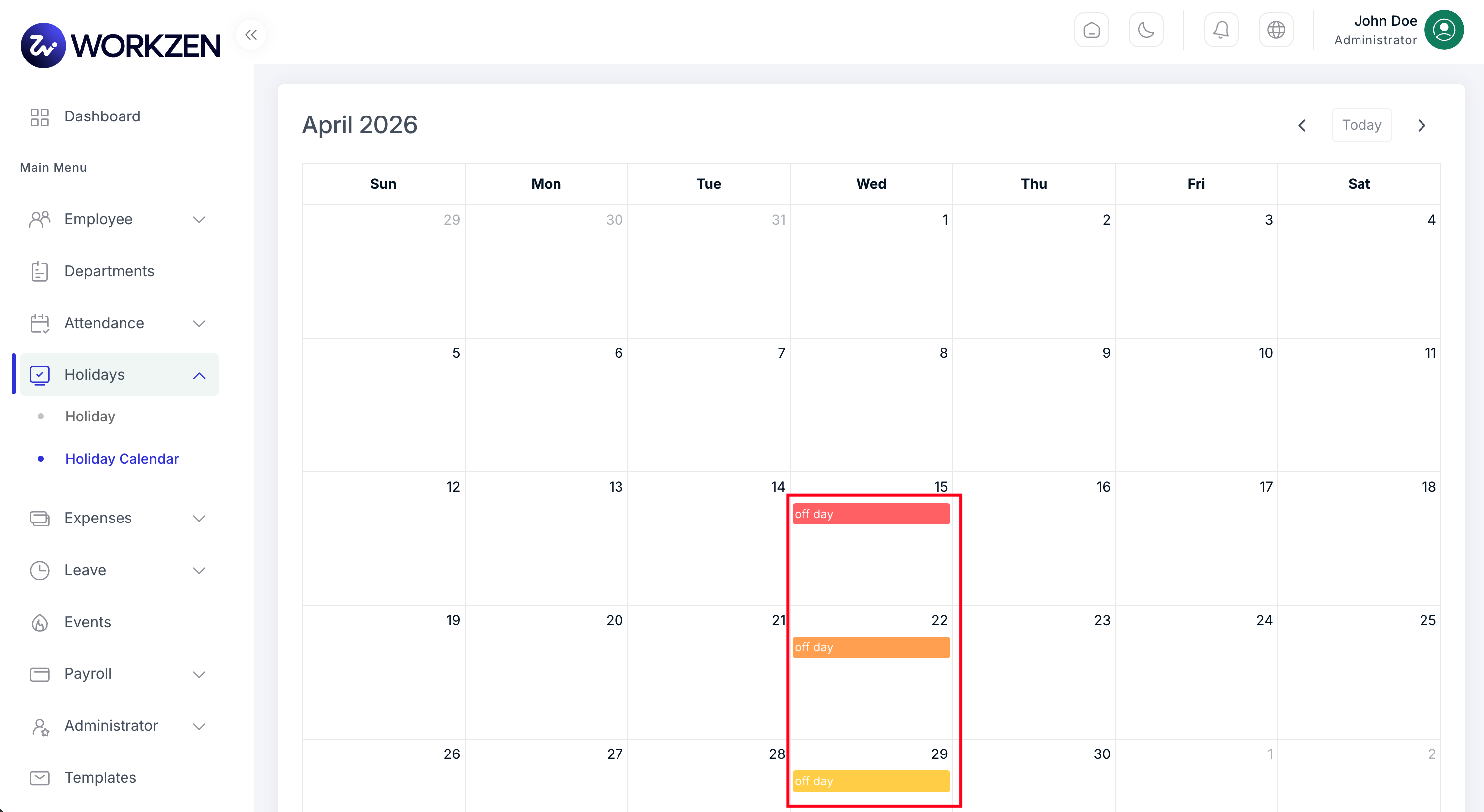 Holiday calendar