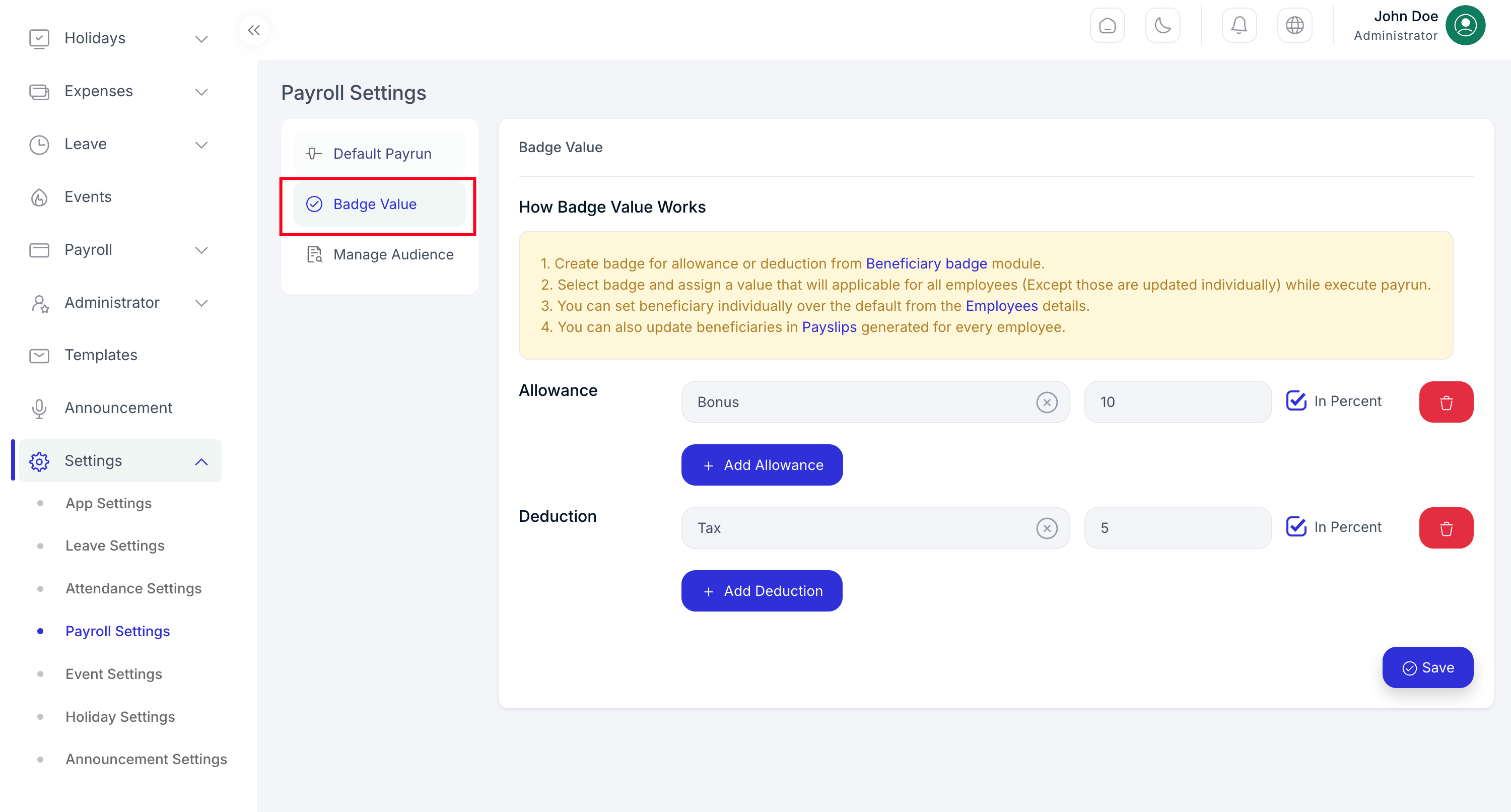 Payroll badge settings