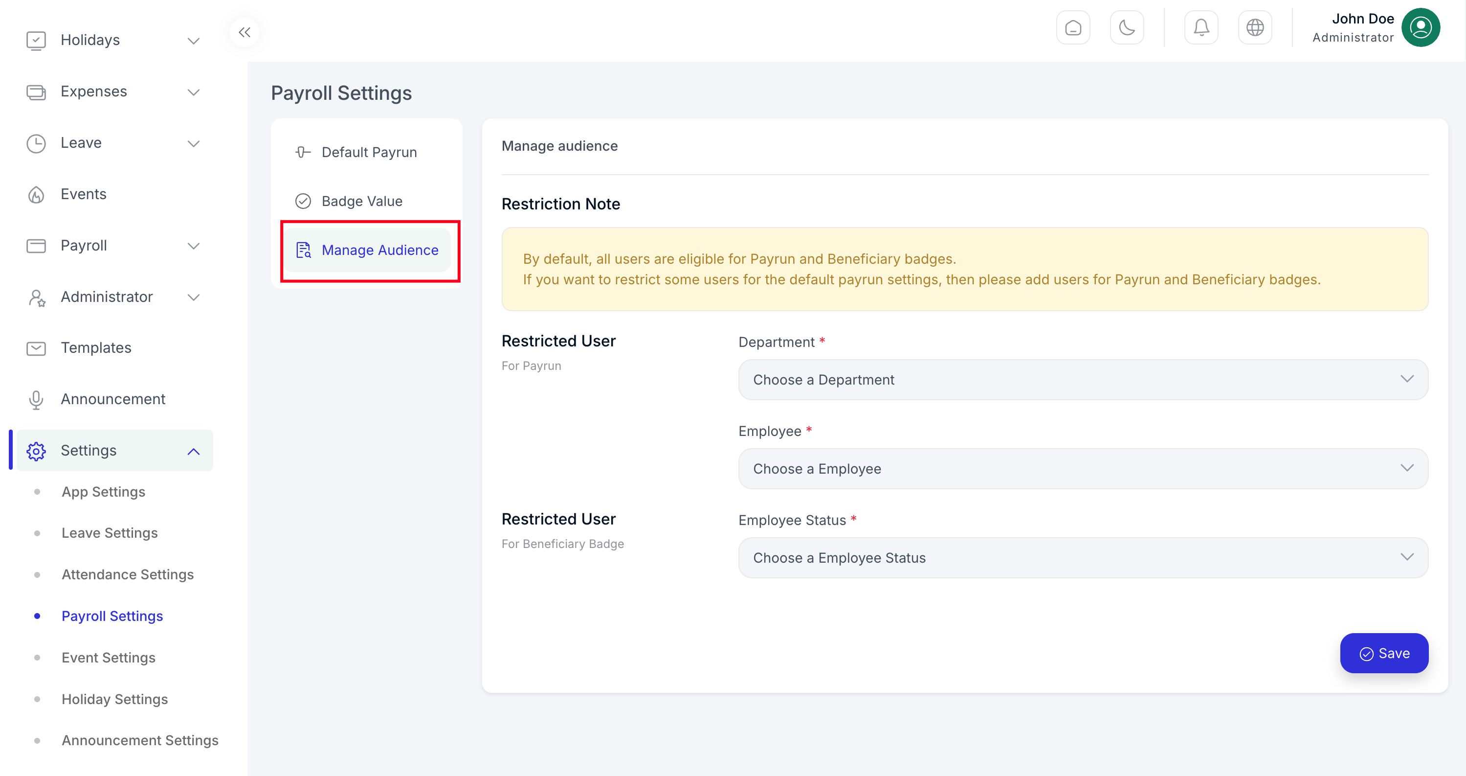 Payroll audience settings